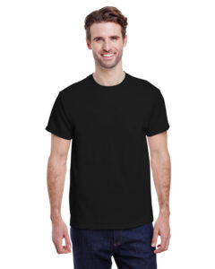 A men's black t-shirt displayed prominently, showcasing its simple yet stylish design, ideal for custom printing in Raleigh, NC