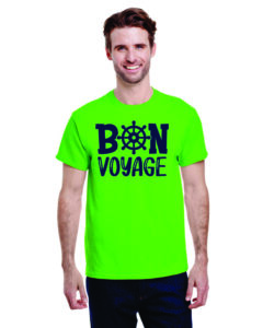 Neon green "Bon Voyage" t-shirt displayed, showcasing vibrant design and quality printing from Raleigh, NC